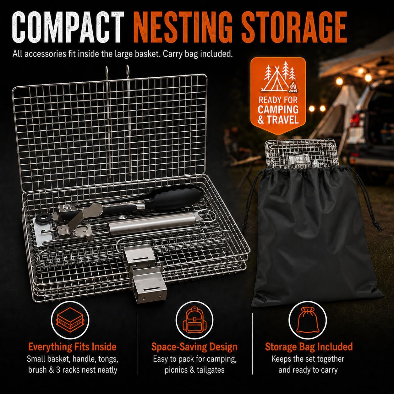 8-Piece BBQ Grill Basket Set - Stainless Steel Vegetable Grilling Basket with Detachable Handle & Lid, Portable Fish Grilling Basket & Meat Roaster, Grilling Gifts for Men Dad image 5