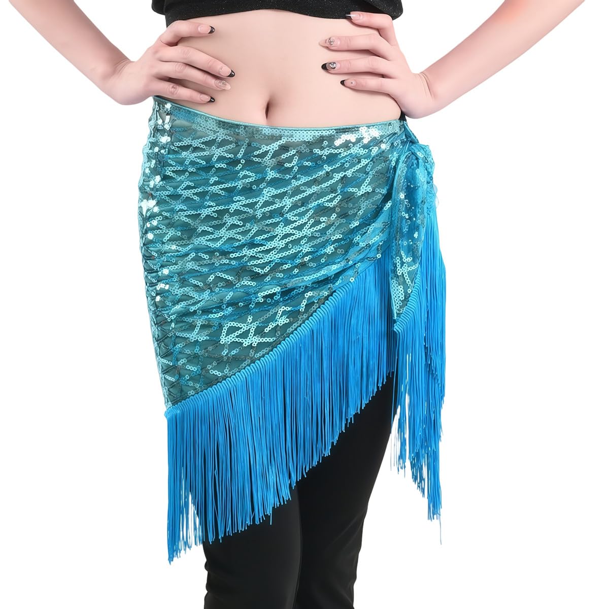 Hybursky Shiny Sequins Tassel Skirt Sparkly Belly Dance Hip Scarf Belly Dancing Skirt Wrap Hula Latin Dance Fringe Hip Belt for Women Girls Festival Performance Rave Party Dancewear (Blue)