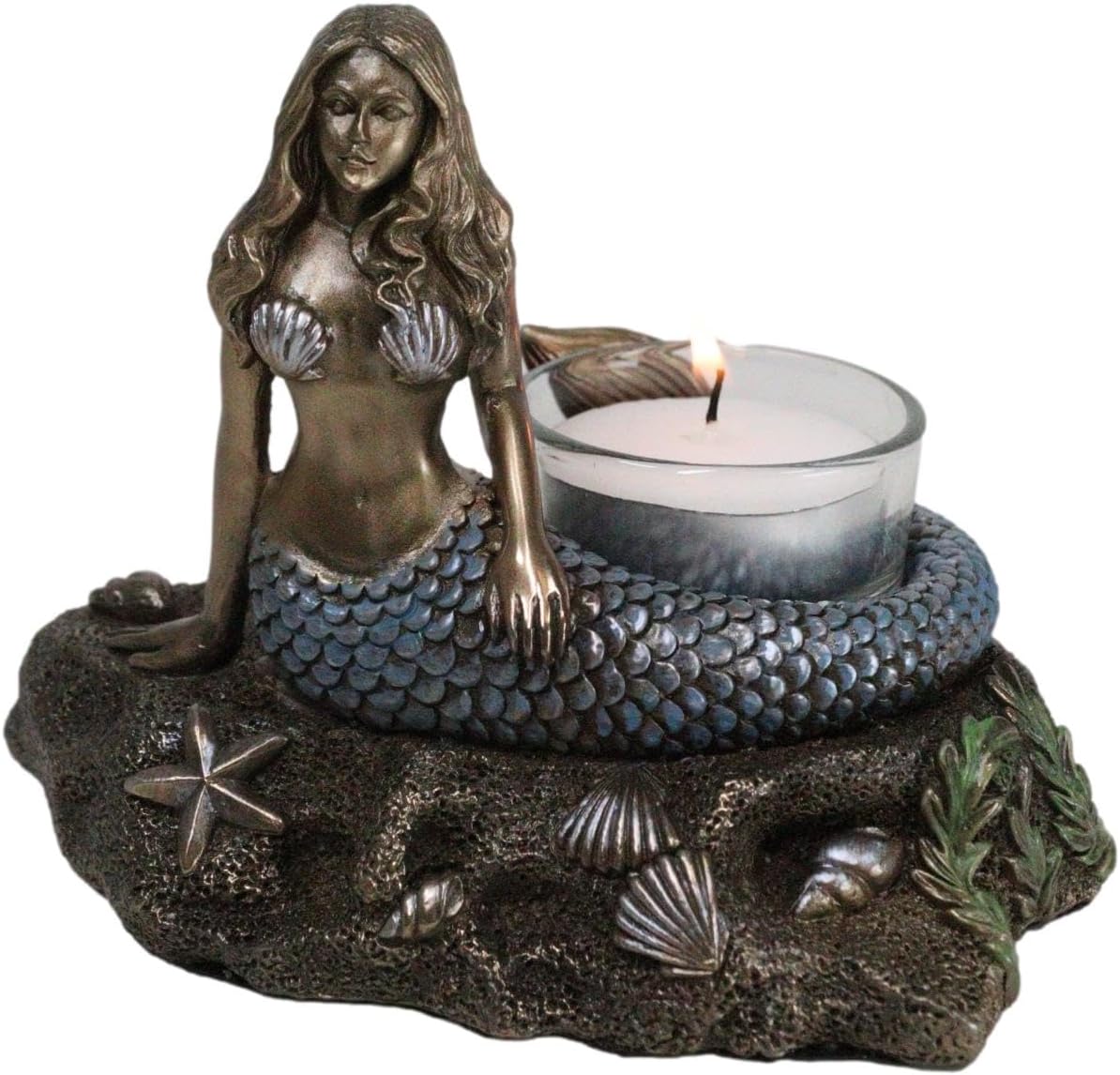 Ebros Gift Art Nouveau Ocean Marine Sea Siren Mermaid Maiden by Sea Stars and Shells Votive Candle Holder Decor Figurine