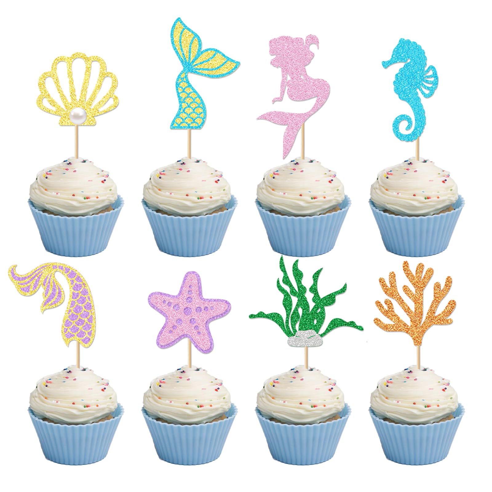 32Pcs Mermaid Cupcake Toppers Mermaid Tail Starfish Coral Cake Toppers Decorations for Under the Sea Theme Birthday Party Baby Shower Supplies