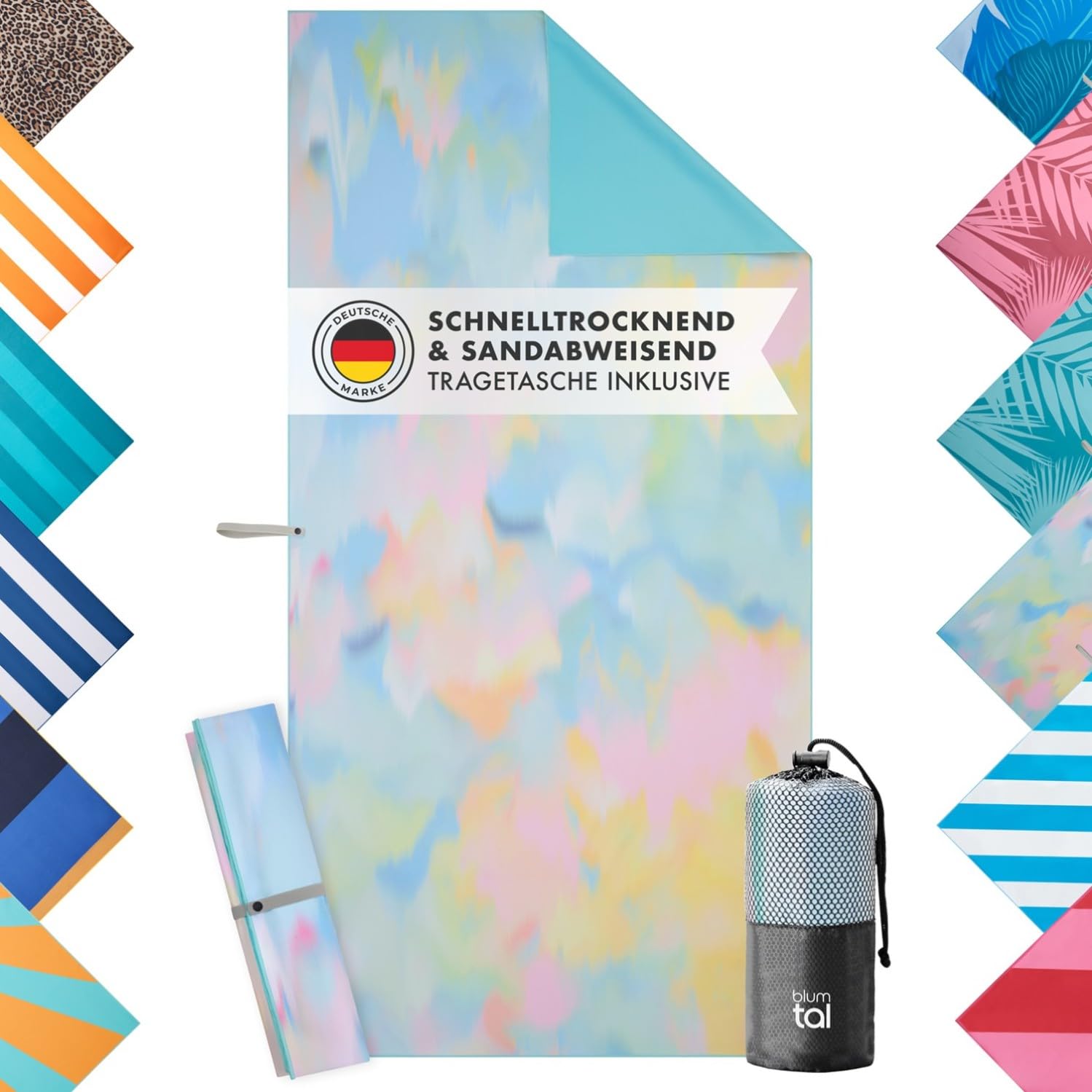 Blumtal Strandtuch XXL aus Mikrofaser - kompaktes und schnelltrocknendes Handtuch/Strandhandtuch 90x180 - Stranddecke sandfrei mit Band - Badetücher - Mikrofaser Strandtuch mit Aquarell-Muster