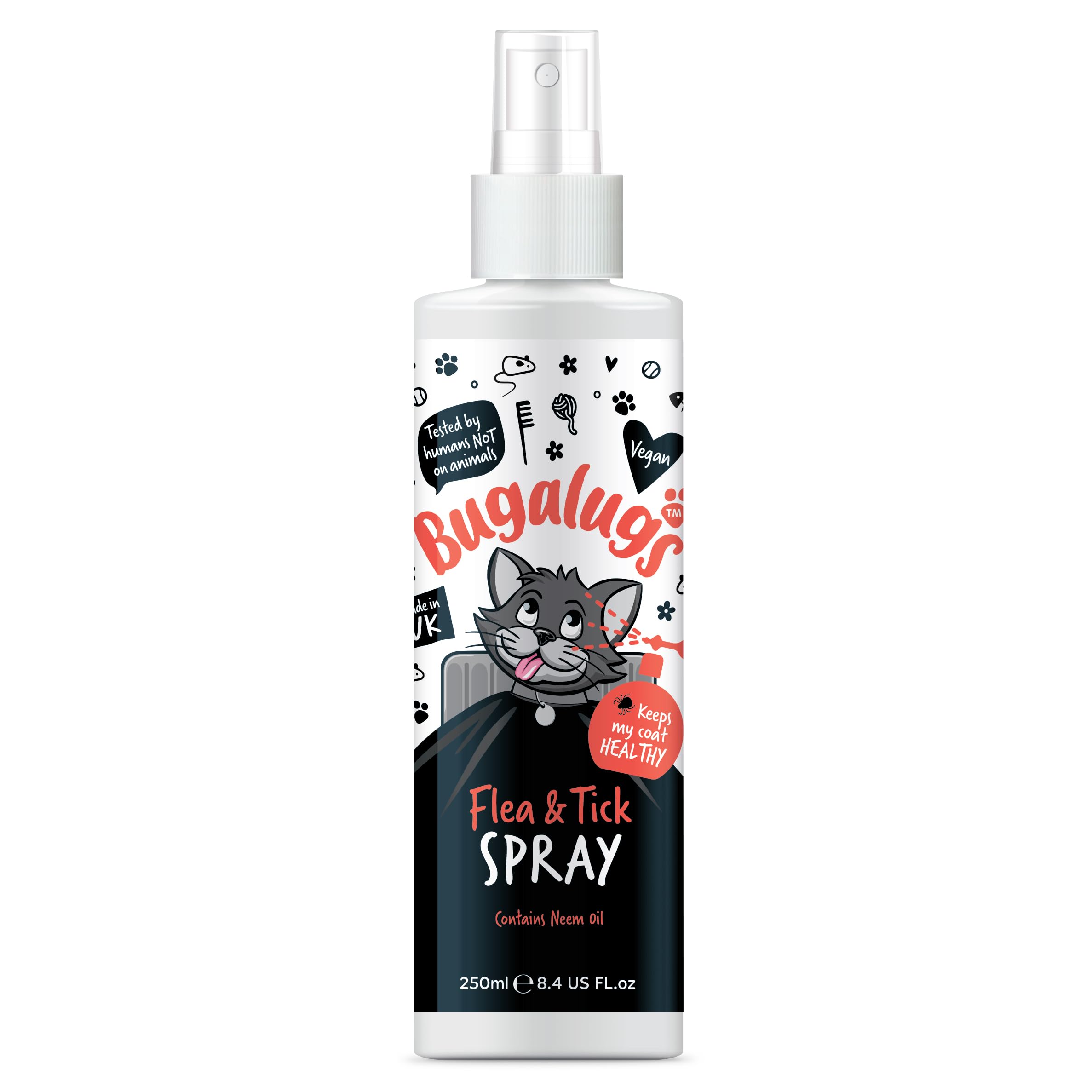 Flea and Tick Cat Shampoo by Bugalugs 500ml, Deep Cleansing for Cats for Fleas, Ticks & Mites contains Neem Oil, PH Balanced Vegan (250ml Flea Spray)