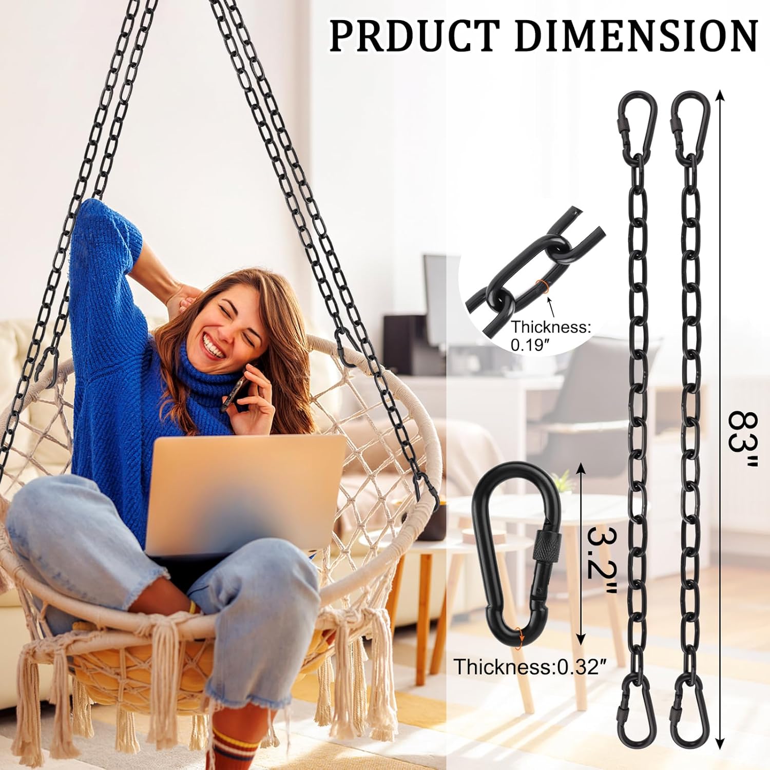 2 Pack 83in Hanging Swing Chain with 4 Carabiners, 660LB Capacity Hanging Kits Heavy Duty Hanging Chair Hardware for Hammock Swing Hanging Chair Punching Bags Sandbag Indoor Outdoor Yoga Gym (Black)