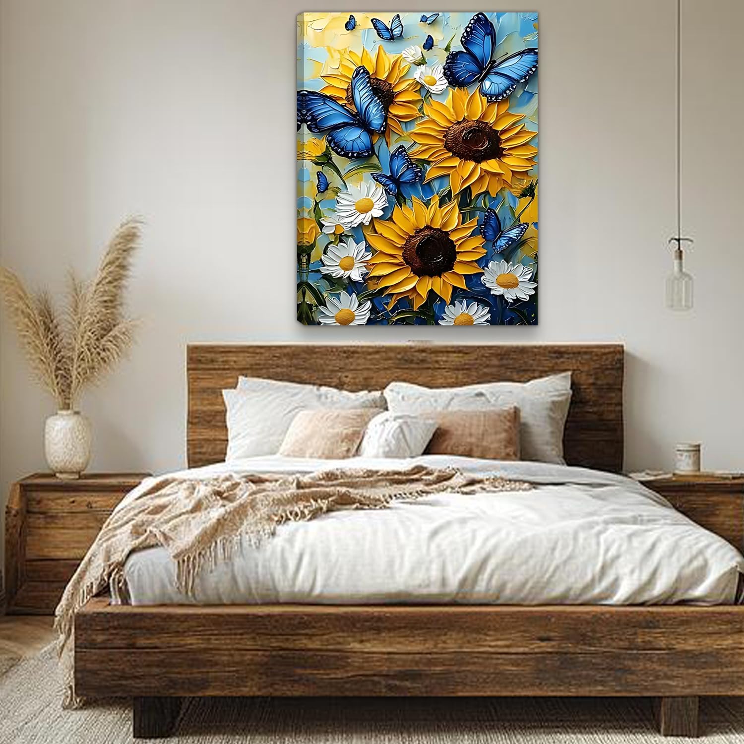 2D Oil Blue Butterfly Canvsa Wall Art, Sunflower Painting Poster Wall Decor,Daisy Print Picture for Living Room Bathroom Bedroom Home Decoration 16*24 IN(Stretched Canvas on A Wooden Frame)