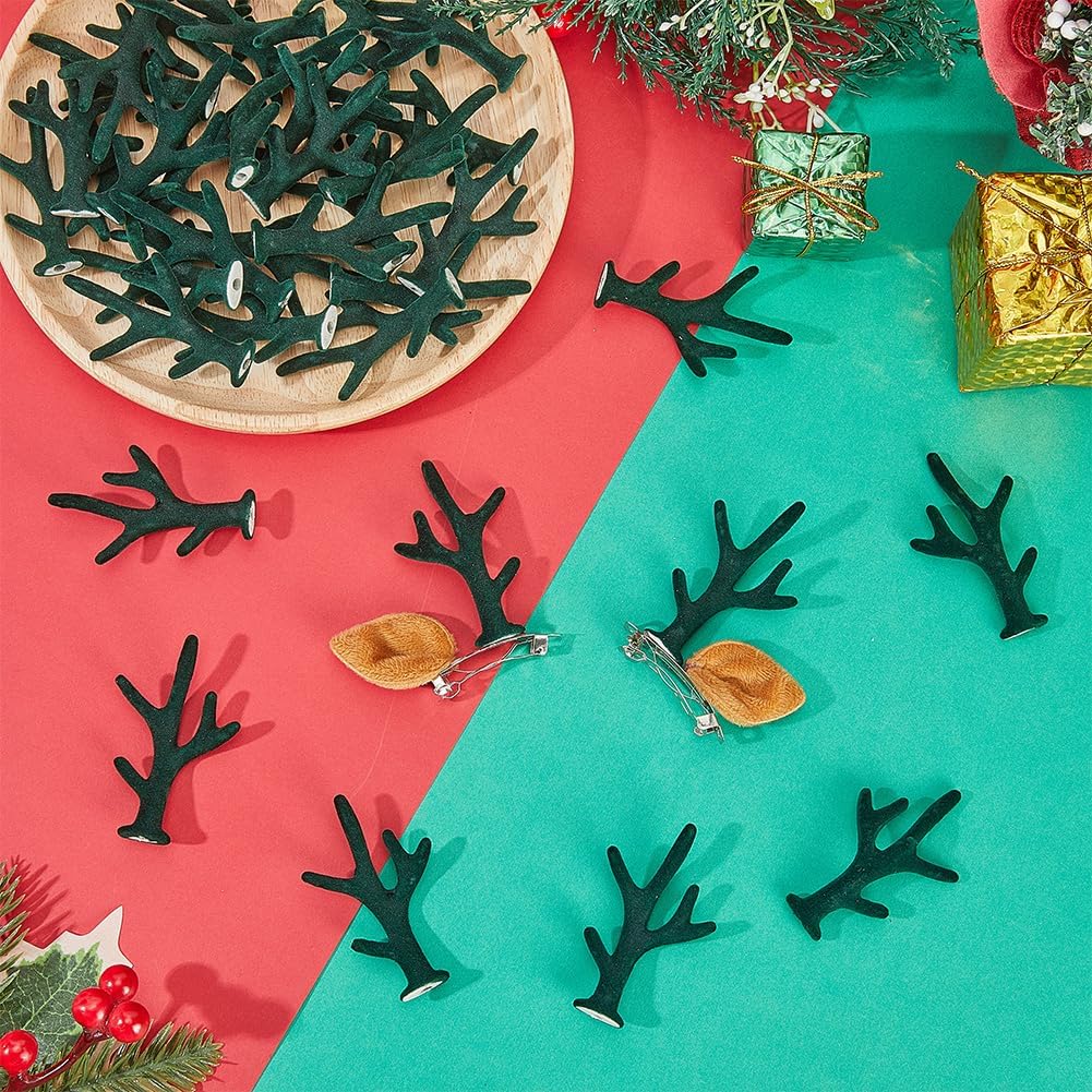 GORGECRAFT 40Pcs Mini Antlers Embellishments Velvet Deer Antlers Dark Green Elk Branch Christmas Reindeer Horns Hair Clips Accessories for Winter Wedding Xmas Party Snowman DIY Headband Decorations