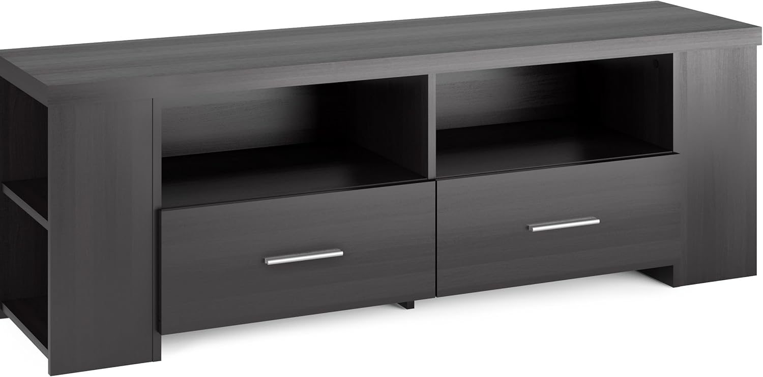 SONAX Bromley TBR-101-B TV Stand Bench - Ravenwood Black, Fits 48-70" TVs, Dual Drawers & Side Shelves for Media Storage