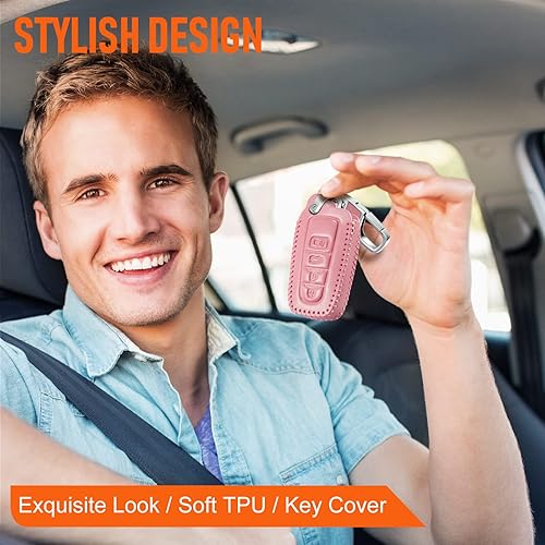 Miniatura 7 de Slohif Funda de cuero para llavero de Toyota para Camry 4 botones, funda de cuero+anillo en D+gancho Futi, Rosado