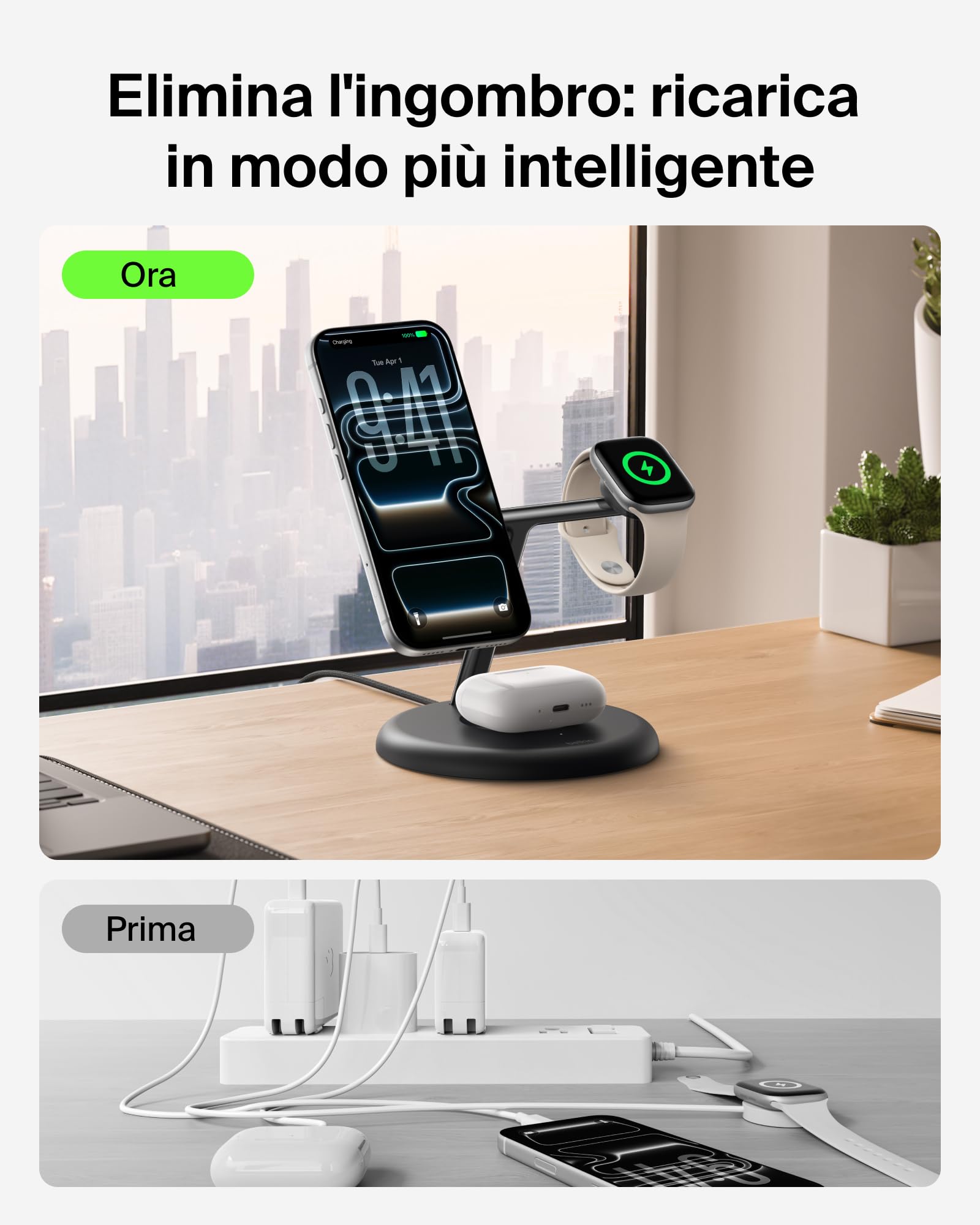Belkin UltraCharge Caricatore Wireless Qi2.2 25W 3 in 1 - Nero | Caricatore Wireless Magnetico MagSafe, Certificato Qi2.2 per iPhone, Apple Watch, Auricolari, Cavo USB-C e Alimentatore 45W