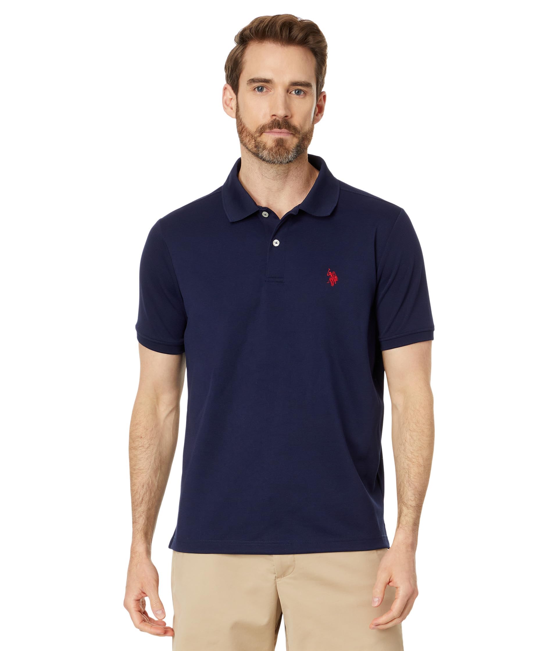 U.S. Polo Assn. Mens Poly Spandex Ottoman Knit Short Sleeve Solid Performance Textured Polo Shirt