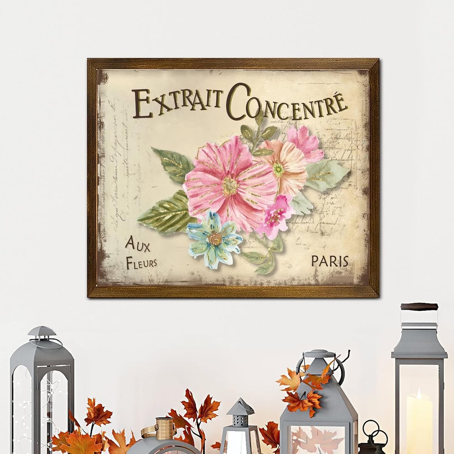 Extrait Concentré Aux Fleurs Wood Framed Signs Vintage French Orchid Flower Welcome Sign Rustic Hello Spring Flower Wooden Wall Art Decor for Front Door Entryway Porch Bar Pub Party 16x20 Inch