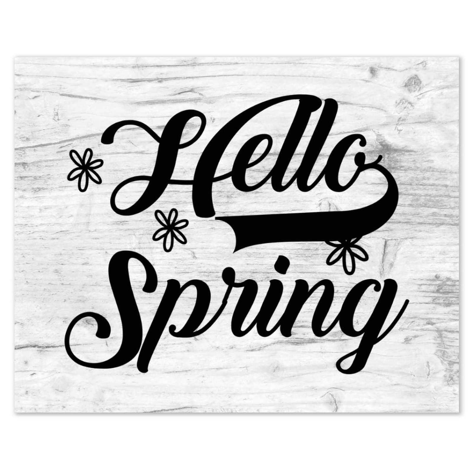Panneau en bois Hello Spring pour décorer une étagère de fenêtre en rotin