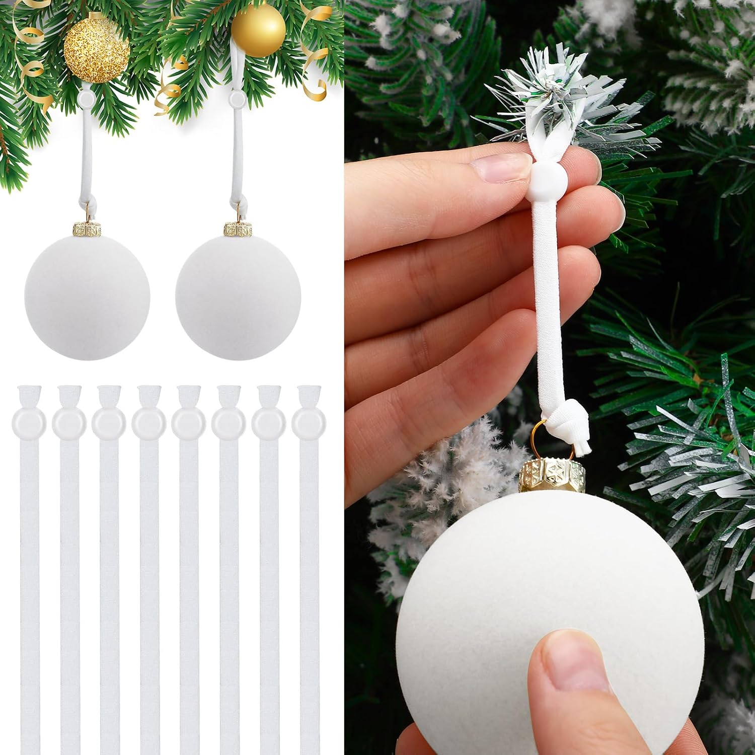 Daifunli 24 Pcs Christmas Adjustable Ornament Hooks Non Slip Hangers Hooks Tree Ornaments Cord for Christmas Tree Decorations (White)