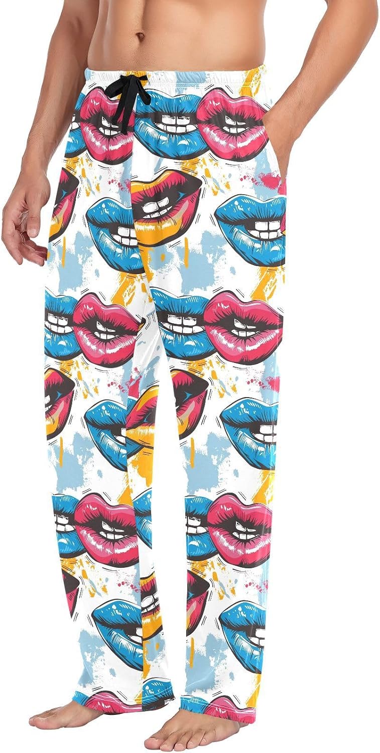 ALAZA Rainbow Lip Print Men's Pajama Pants Men Cotton Pajama Bottoms with Pockets, S