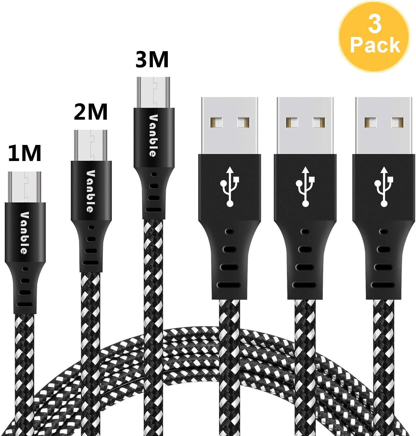 Micro USB Cable, Micro USB Cord Vanble High Speed 2.0 USB to Micro USB Sync & Charging Nylon Braided Cable for Android/Samsung/Windows/MP3/Camera and Other Device (3 Pcs, Carbon Black)
