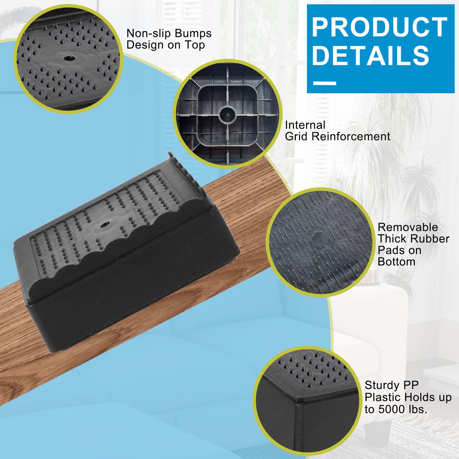 Elevadores de cama de 1, 2, 3 y 4 pulgadas, resistentes, ajustables para mesa, escritorio, sofá, silla, reclinable, marco de patas para dormitorio, bloques apilables (negro, paquete de 8, 1+1+1+1+1