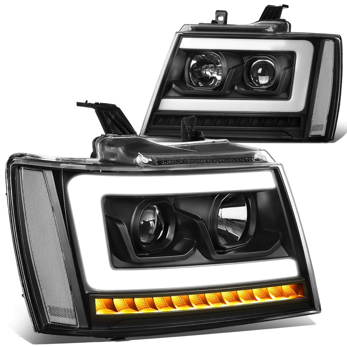 Auto Dynasty LED DRL Headlights Assembly Compatible with 2007-2014 Chevy Tahoe Suburban Avalanche, Driver Passenger Side Projector Headlamps w/LED Sequential Turn Signal, Black Housing Clear Corner