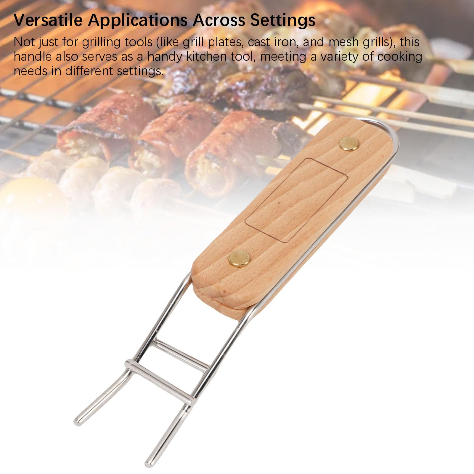 Poignée de Barbecue en Acier Inoxydable avec Lève-grille en Bois, Antidérapante et Multifonctionnelle pour Camping et Cuisson Extérieure