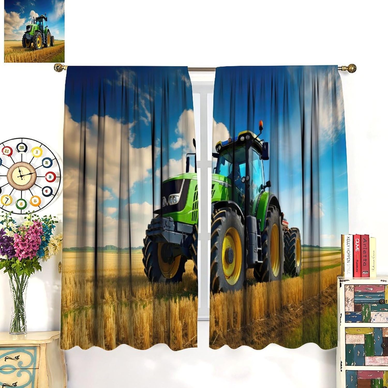 Tractor Curtains, Country Farm Field Green Machinery Tractor Harvester Jobs Blackout Windows Treatments, Thermal Insulated Drapes for Kids Boys Bedroom Living Room Country Cottage 42x63in