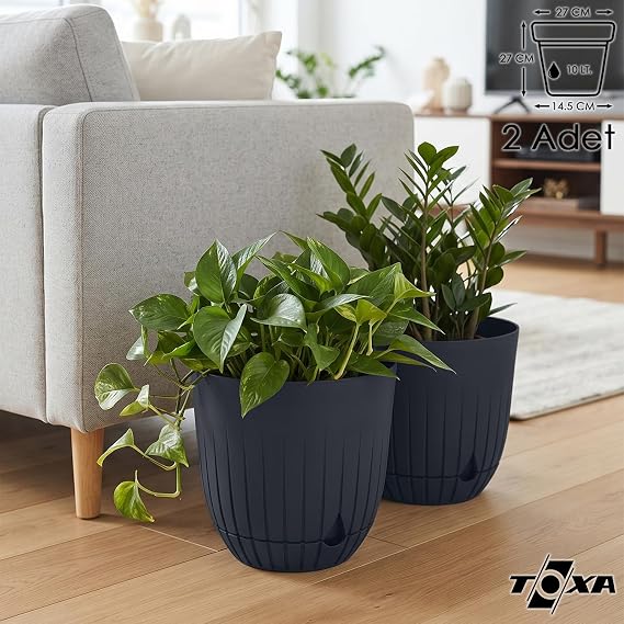 Çizgi Saksı Plastik Delikli Tabaklı Çiçek Saksısı (2 Adet, Antrasit, 10 Litre)
