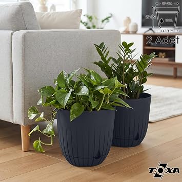 Çizgi Saksı Plastik Delikli Tabaklı Çiçek Saksısı (2 Adet, Antrasit, 10 Litre)