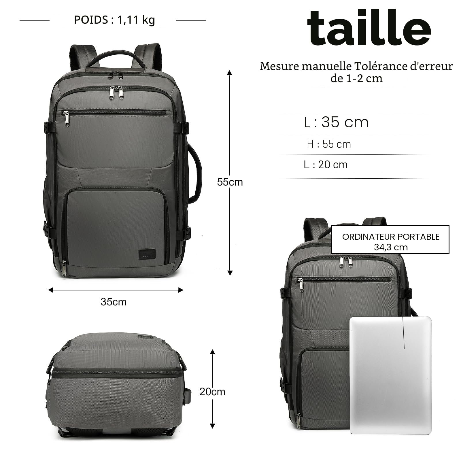 Kono Sac à Dos Cabine 38L Robuste Et Résistant, Bagage à Main, Gris | Grande Capacité 38L, En Polyester Résistant à L'Eau - Idéal Pour Les Week-Ends Et Voyages, Solide Et Léger.