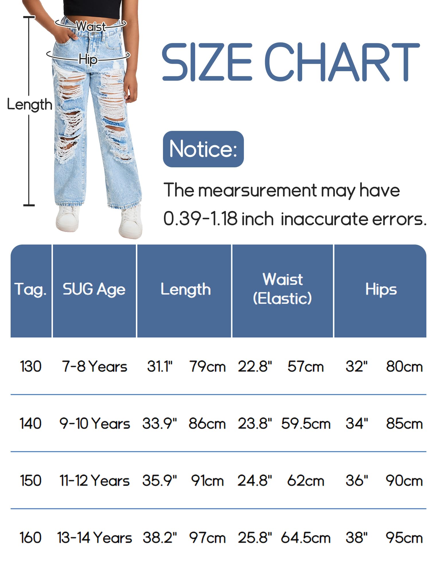 Maeau Jeans casual a gamba larga da ragazza con elastico in vita pantaloni in denim strappati larghi per bambini pantaloni in denim invecchiato vestibilità ampia