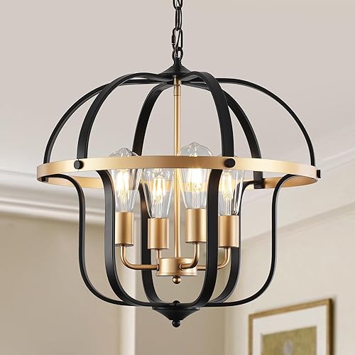 Miniatura 10 de Lámpara de araña negra y dorada de 19 pulgadas para comedor, 5 luces, rústicas, de granja, lámpara colgante industrial moderna para cocina, entrada,
