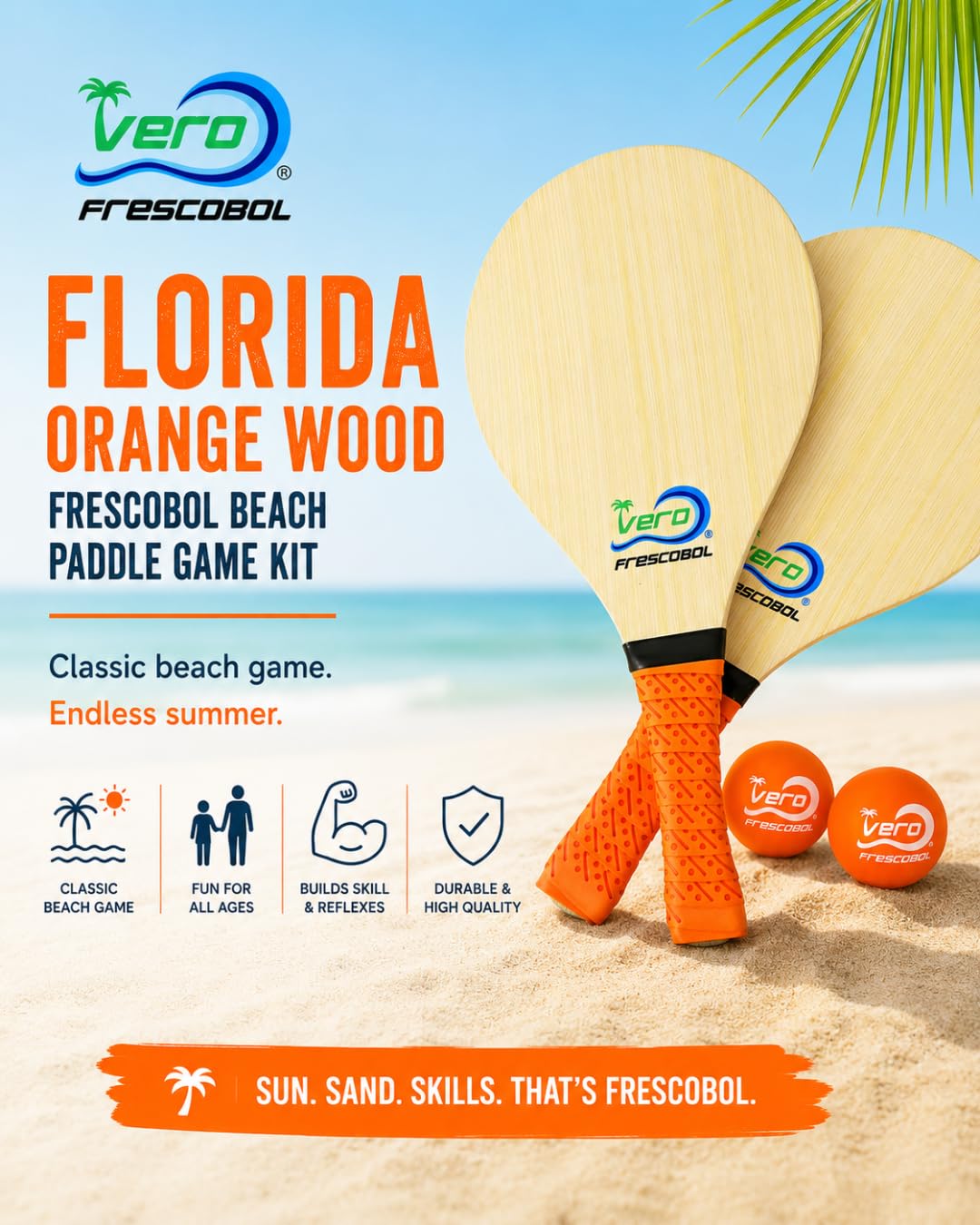 Frescobol Starter Set - 2 Vero Wood Beach Paddles mit Premium Orange gepolsterten Griffen, 2 offizielle orange Bälle, strapazierfähige Tragetasche für Beach Paddle Game