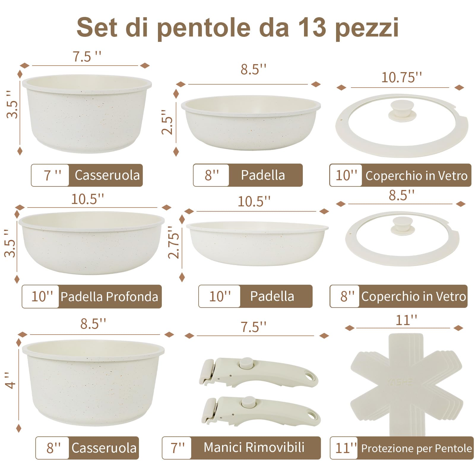 YASHE Set da 13 pentole e padelle antiaderenti, set di pentole a induzione, set di pentole da cucina con manico staccabile, lavabile in lavastoviglie e forno, bianco crema
