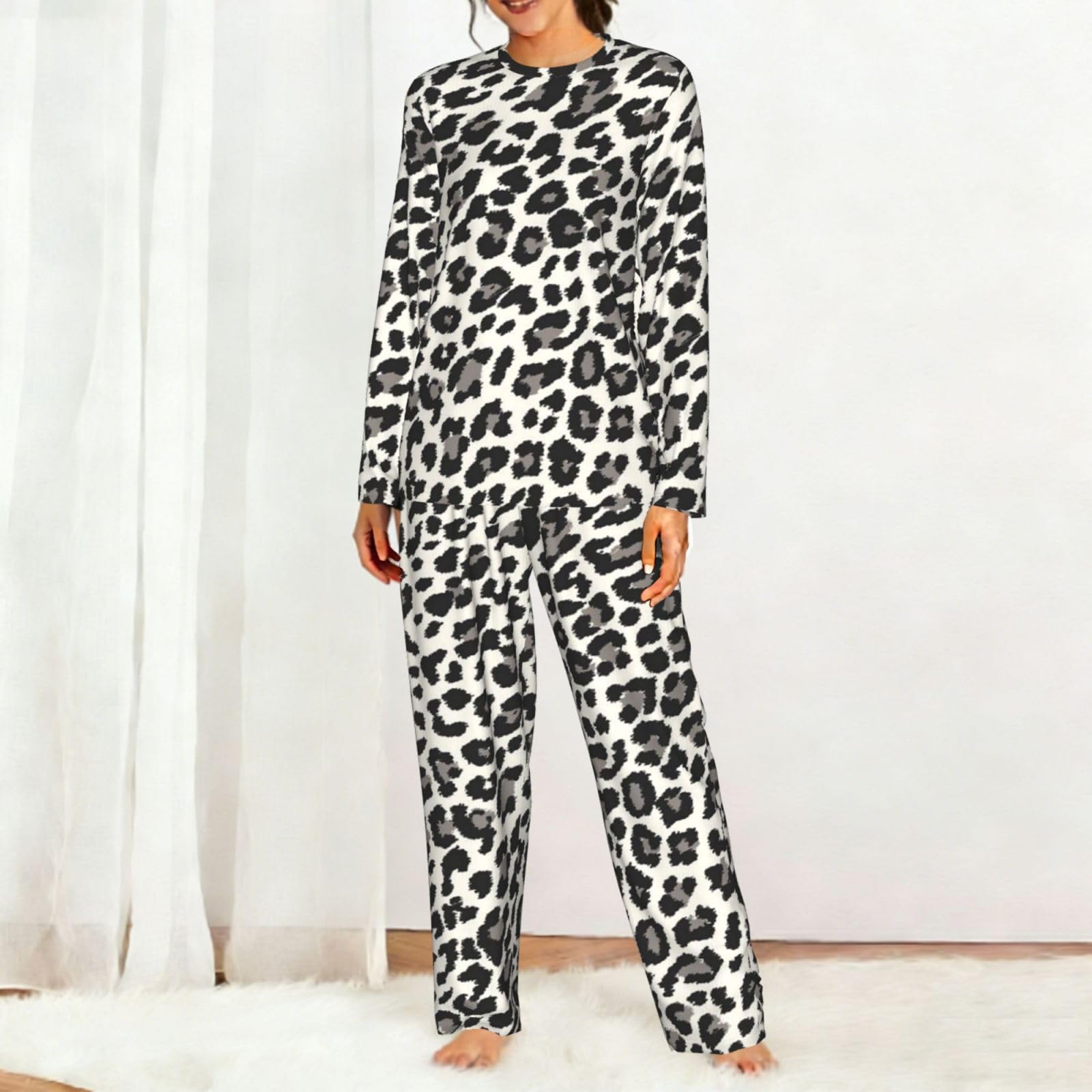 Pigiama da donna con stampa leopardata a maniche lunghe abbinato morbido elastico coulisse casual Daywear
