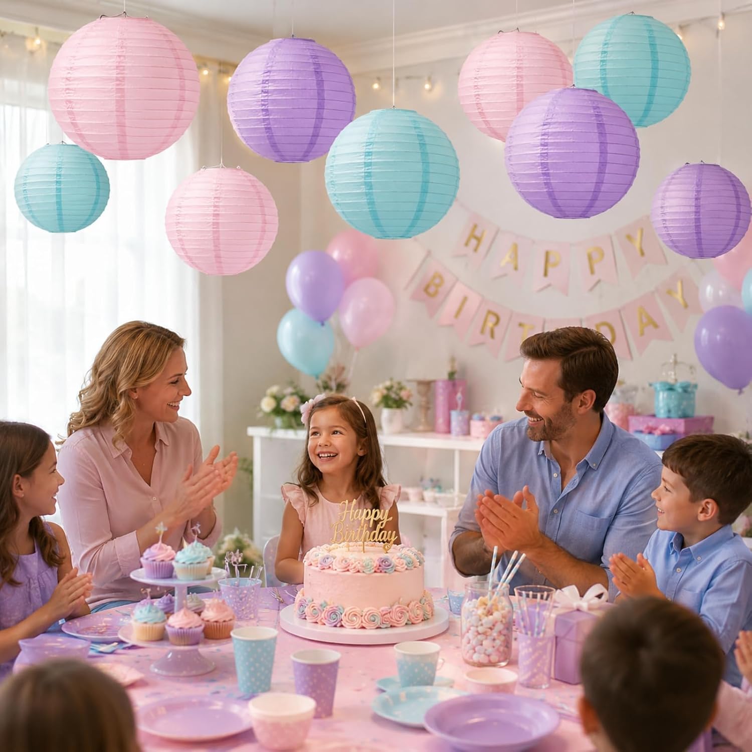 9-Pack Pink, Purple & Blue Hanging Paper Lanterns Party Decorations image 2