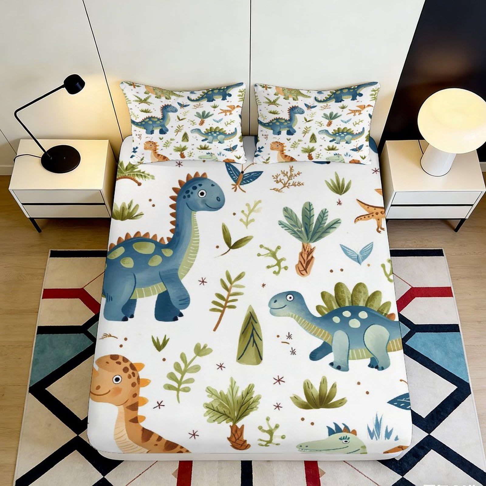 3D Printed Dinosaur Jungle Fitted Sheet Microfiber Non-Slip Bed Cover for Bedroom Guest Room Mattress Protection 160x200x25cm