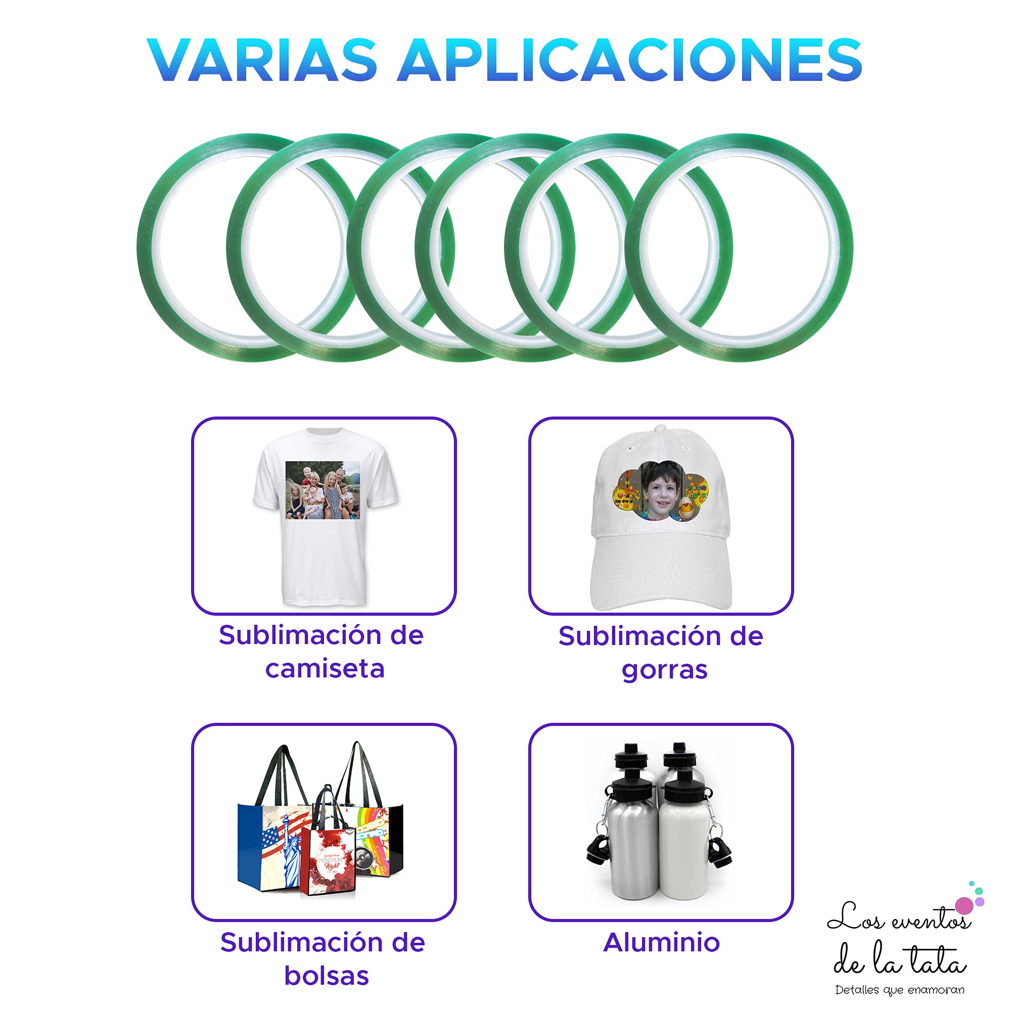PACK 6 unidades de Cinta Térmica Adhesiva verde especial para sublimar, resistente a altas temperaturas |No Mancha