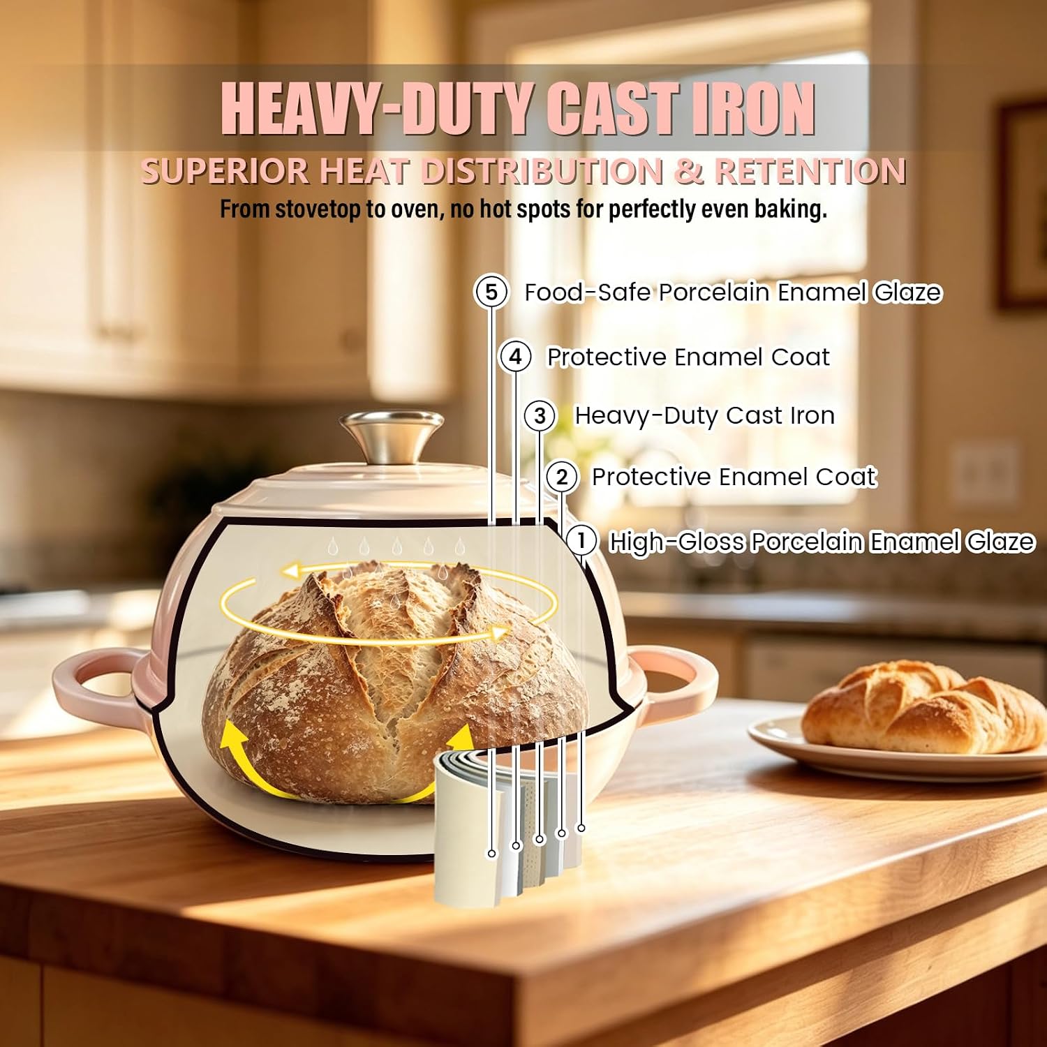Cast Iron Bread Dutch Oven 6QT Cream Enameled with Lid