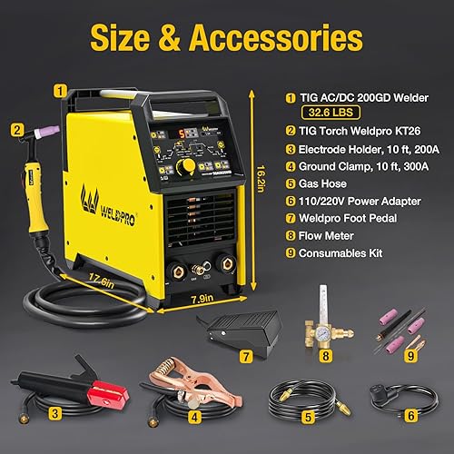Miniatura 7 de Weldpro TIG Soldador ACDC 200A con pulso, soldador TIG de aluminio 110V220V con antorcha TIG AC TIGDC TIGAC PULSE TIGDC PULSE TIGDC TIGStick Máquina