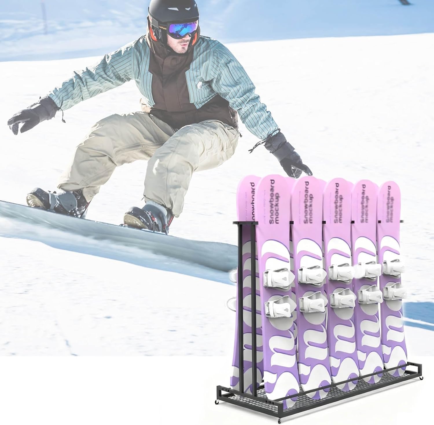 Freestanding Ski & Snowboard Storage Rack, Large Floor Ski Rack for Ski Resort, Rolling Snow Skiing Organizer Cart, Metal Sports Display Stand