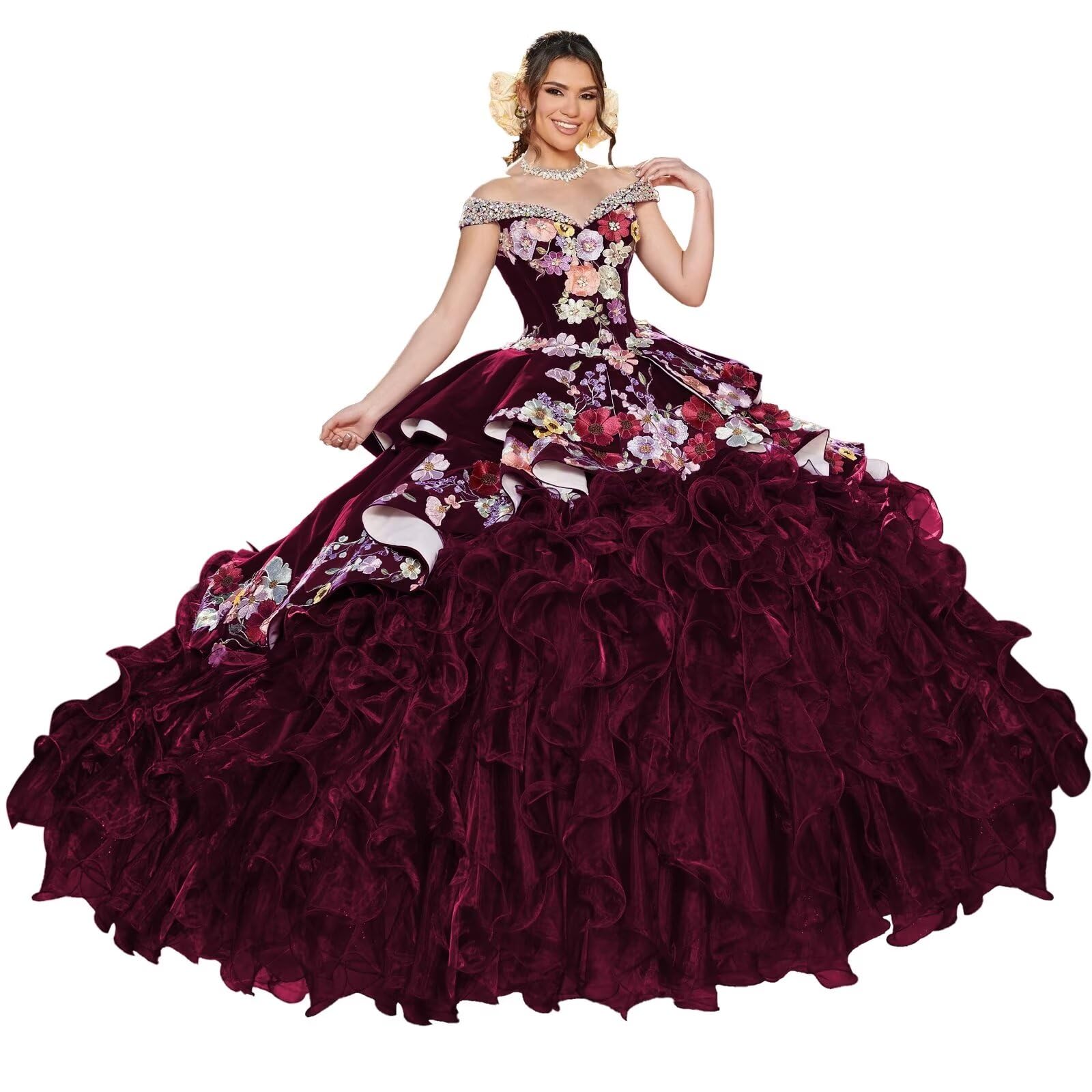 DXUOPL Luxury Velvet Quinceanera Dresses Embroidery Appliques Ball Gown Organza Layered Sweet 15 16 Dresses with Train