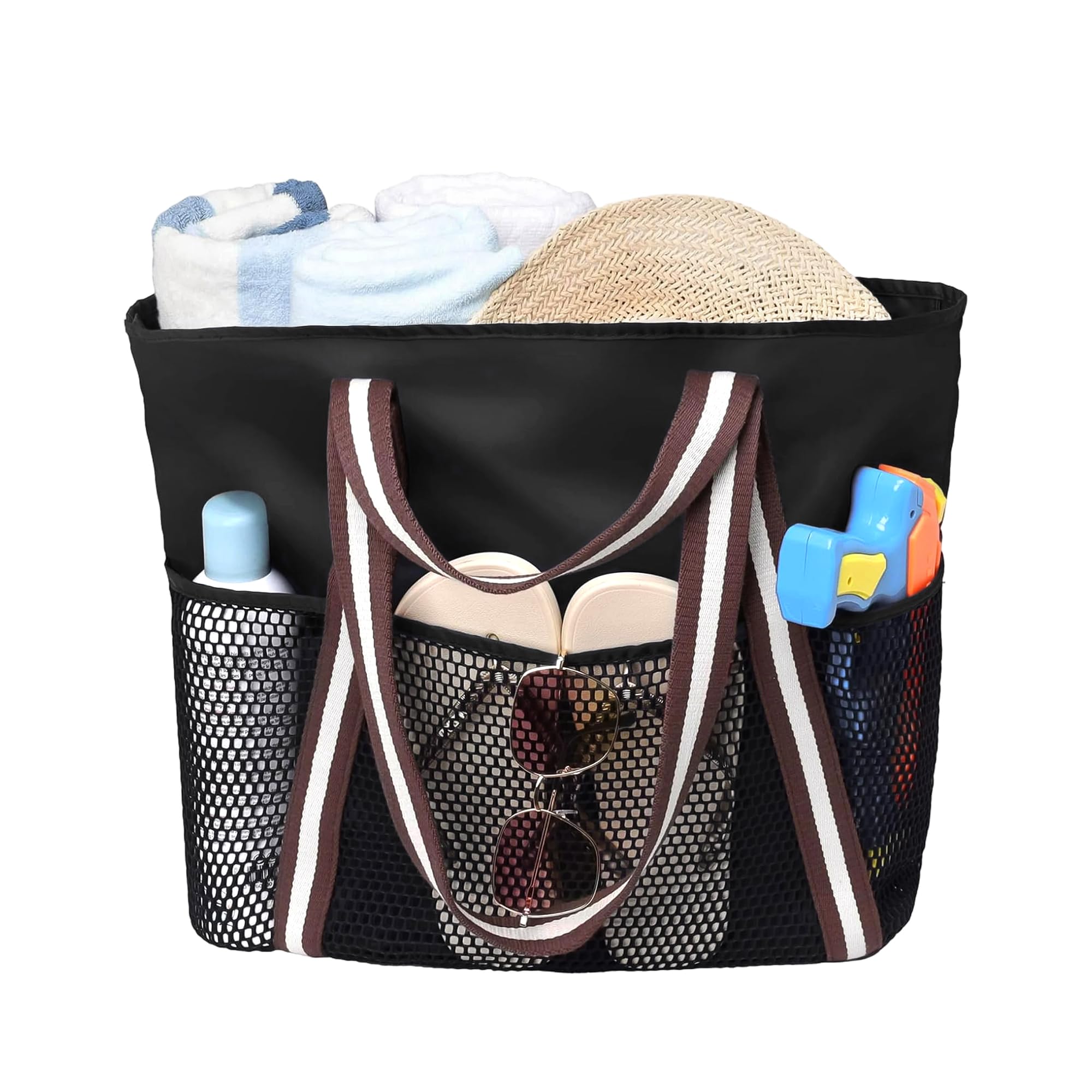 Mabecol Große Strandtasche Damen, Badetasche mit Reißverschluss, Leichte Strandtasche mit Netz für Familie, Ideal für Strand, Schwimmbad, Reisen, Große Beach Bag für Damen (Schwarz)