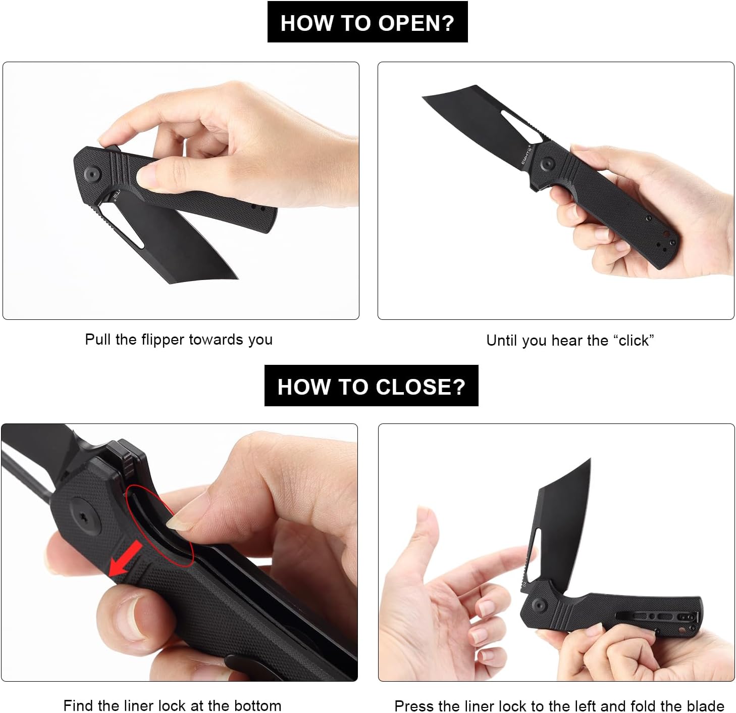 D2 Steel Pocket Folding Knife Cleaver - 3.54" Black Blade Liner Lock G10 Handle with Reversible Clip, Camping EDC Flipper Knives for Men & Women, Black