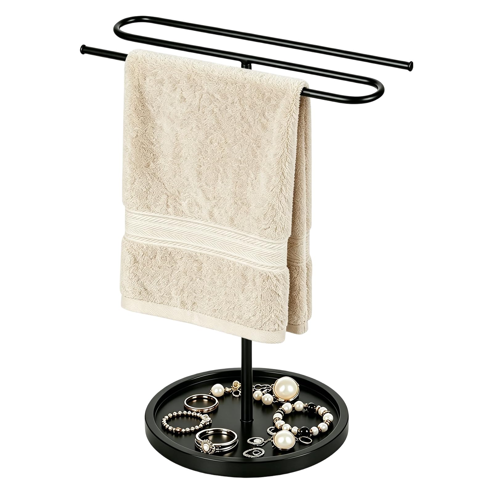 Towel Rail for Bathroom without Drill, Towel Rail Bathroom Organizer, Black with Solid Wood Base, S Bar for 2 Towels, Modern Elegant Design, Ideal for Kitchen and Bathroom
