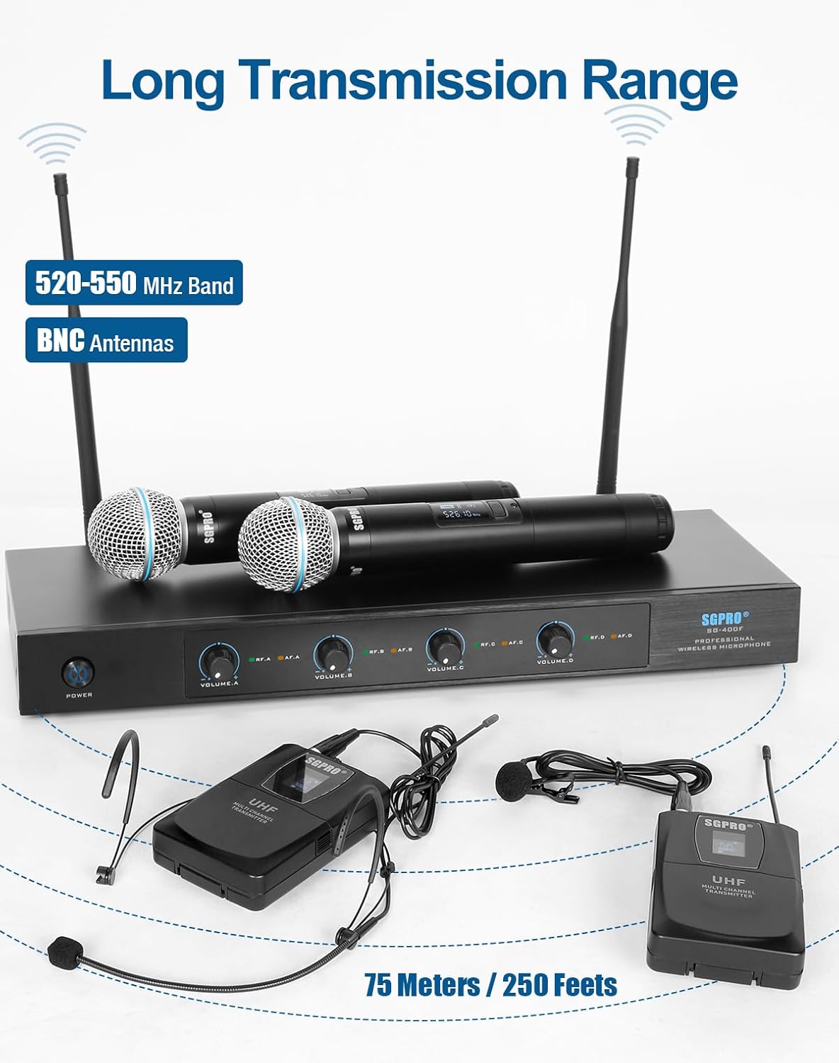 4-Channel Wireless Microphone System - 250Ft Range, Metal Mics & Receiver, Fixed Frequency, 2 Handheld & 2 Headset Configurations for Events & Live Performances (SG-400FHB) - Image 2