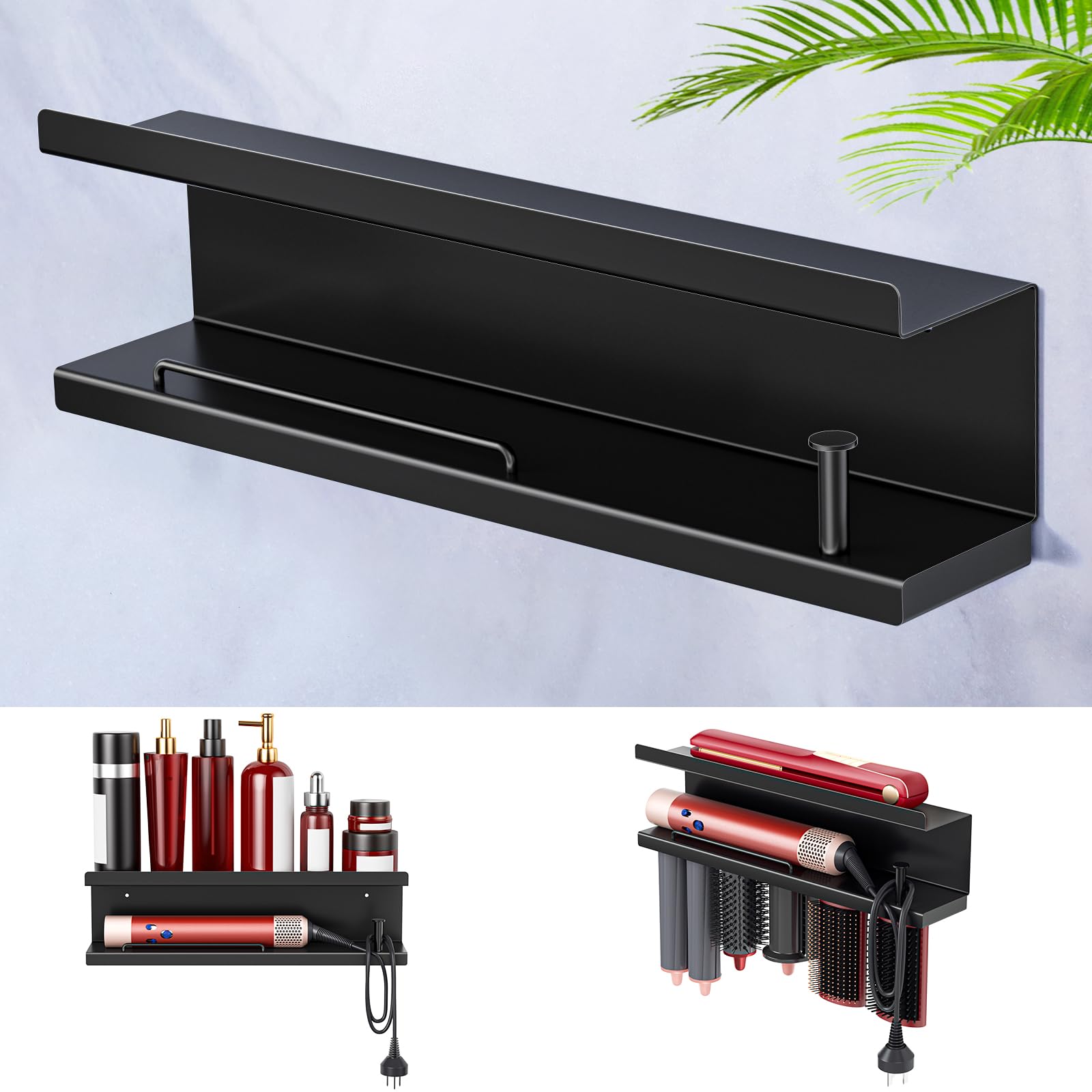 WAYASI Hair Dryer Holder Wall Mount, Straightener Holder for Curling Iron Styler Accessory, Adhesive drilling Hairdryer Straightener Holder Storage, Hair Tool Organiser Bathroom (Black)