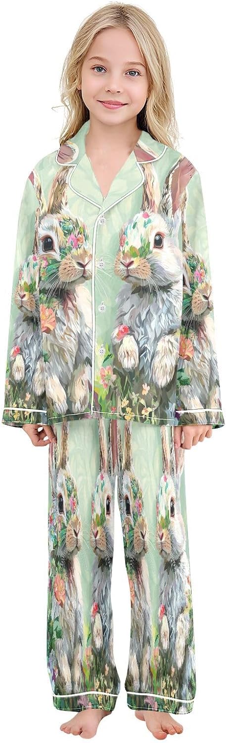 Button Up Satin Pajamas Set Easter Rabbit Novelty Flower Long Sleeve Sleepwear 2 Piece Pjs Set 5-14 Years