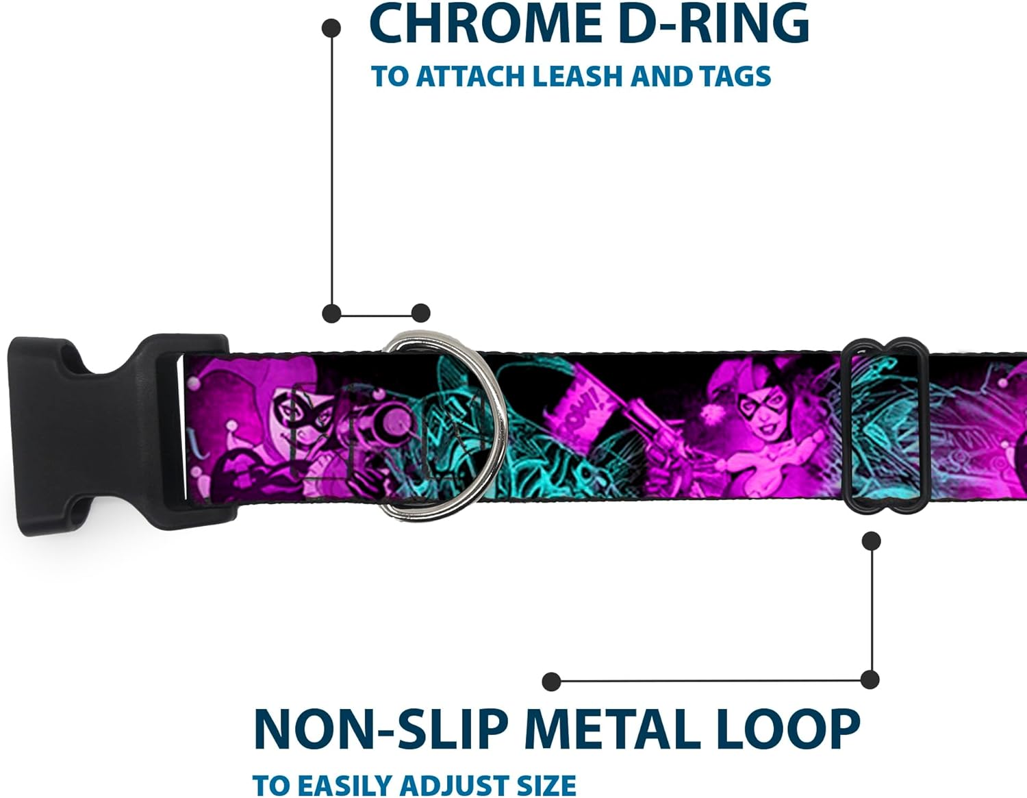 Dog Collar Plastic Clip Harley Quinn Pow Aiming Poses Joker Black Turquoise Fuchsia 18 to 32 Inches 1.5 Inch Wide, PC-WJK047-WL