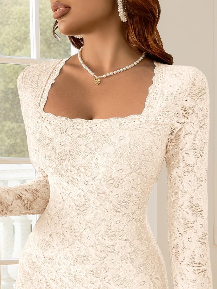 MITILLY Women Bodycon Maxi Dress Elegant Square Neck Long Sleeve Floral Lace Sexy Wedding Guest Cocktail Long Dresses New - Image 5