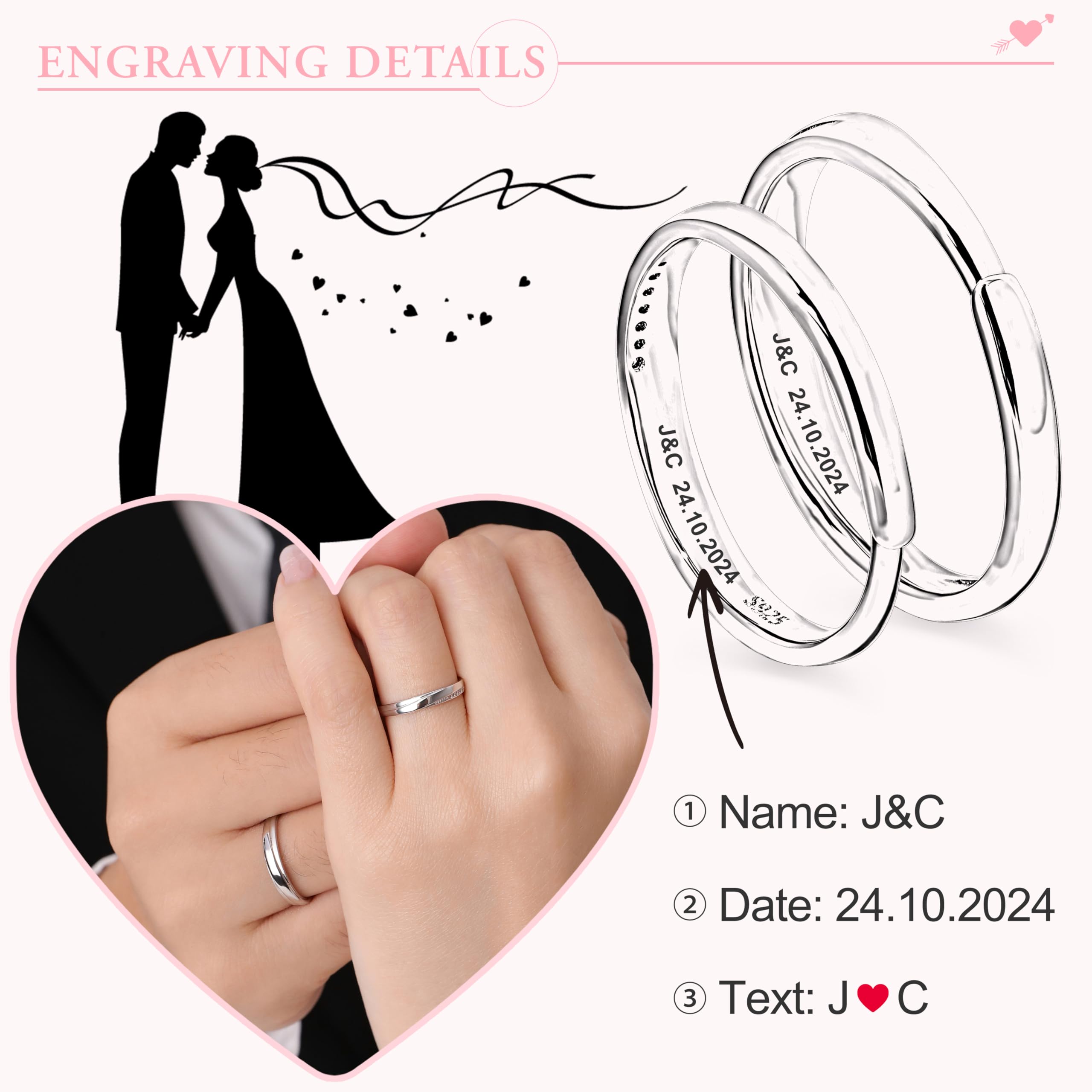 Meissa 2er-Set Paar-Ringe für Herren und Damen, 925 Sterling Silber Breite Eheringe, größenverstellbare Versprechensringe, passendes Paar-Ring-Set