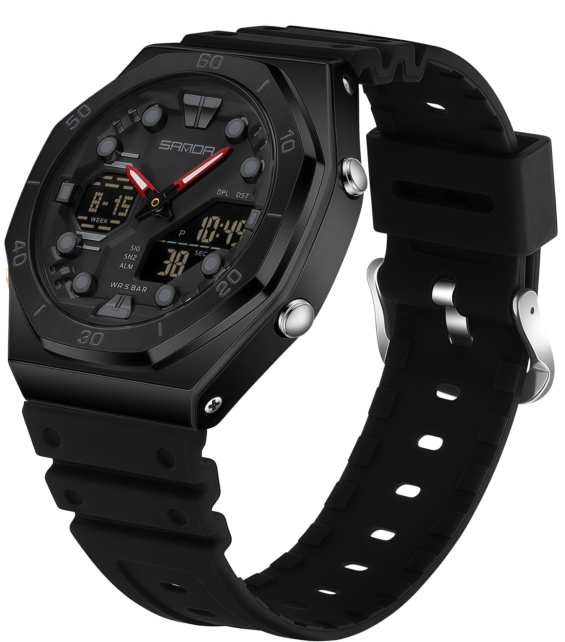 Gosasa Orologio sportivo da uomo, con doppio display, impermeabile, 5 atm, analogico, digitale, con luce notturna, cronometro, conto alla rovescia, sveglia, ora mondiale, cinturino in TPU
