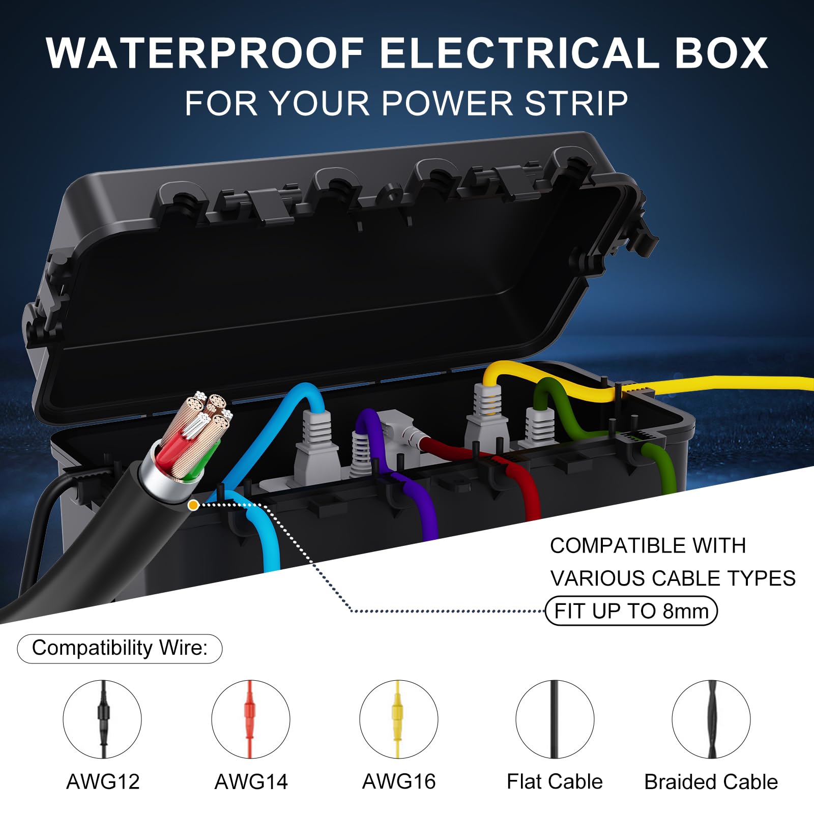 IP65 Outdoor Electrical Box, Weatherproof Extension Cord Box for Indoor & Outdoor Use, Protects Outlets & Power Bar (≤8.66×3.74 in), Inter Size: 9.45×4.17×2.52 in (Black-M) - 5