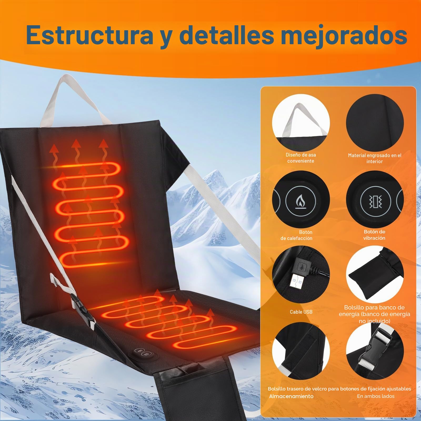 Asiento de estadio con calefacción para gradas, cojín de estadio portátil con calefacción