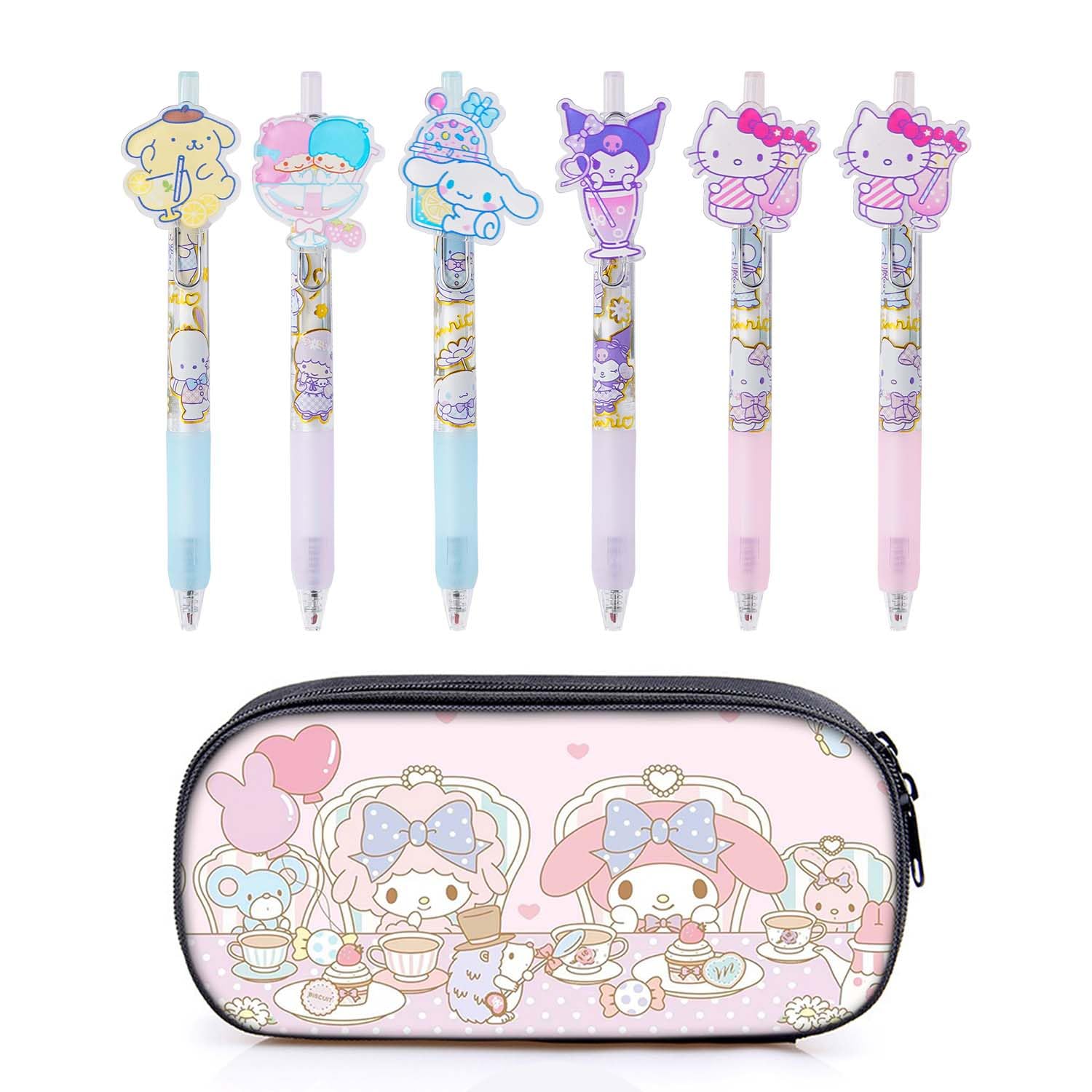 G-Ahora 6 Pcs Anime Pen Black 0.5mm School Supplies with 1 Lead Refill Set (light pink)